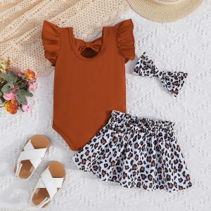 3pcs Baby Girl Letters Print Ruffle Sleeve Romper and Allover Print Skirt & Headband Set - 9-12 Months, Brown