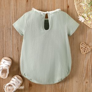 Baby Girl 100% Cotton Lace Detail Short-sleeve Romper - 0-3 Months, Green