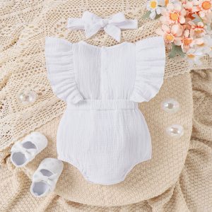 2pcs Baby Girl 100% Cotton Floral Embroidered Ruffle-sleeve Bodysuit and Headband Set - 12-18 Months, White