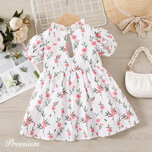 Baby Girl 100% Cotton Allover Floral Print Puff-sleeve Dress - 3-6 Months, Multicolor