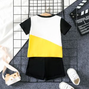 2pcs Baby Boy 95% Cotton Smile Face Print Short-sleeve Tee and 95% Cotton Letters Print Shorts Set - 3-6 Months, Yellow