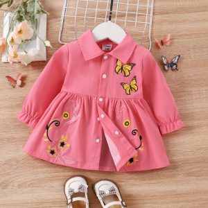 100% Cotton Baby Girl Butterfly Graphic Floral Embroidered Button Up Coat