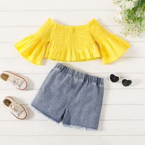 2pcs Toddler Girl 100% Cotton Off-Shoulder Smocked Top and Sunflower Print Denim Shorts Set - 2 Years, Yellow