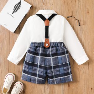 2pcs Toddler Boy Bow Tie Long-sleeve Shirt and Plaid Suspender Pants Set - 2 Years, BLUEWHITE