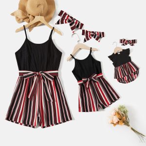 Mommy and Me Black Cotton Ribbed Spliced Striped Belted Cami Rompers - Black, 3-4 Years