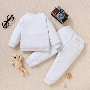 2pcs Toddler Boy Bear Embroidered Pullover Sweatshirt and Pants Set - 2 Years, Light Grey