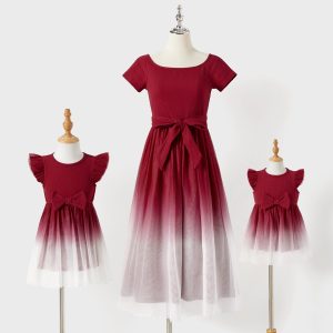 Mommy and Me Cotton Ribbed Spliced Ombre Mesh Dresses - Orange Red, 12-18 Months