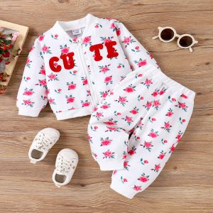 2pcs Baby Girl Allover Floral & Letters Graphic Zipper Long-sleeve Sweatshirt and Pants Set - 3-6 Months, Pink