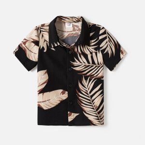 Family Matching Solid Leaf Sleeveless Halter Dresses And Short Sleeve Tops Sets - Black / Men: M