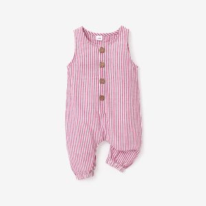 100% Cotton Stripe Print Sleeveless Baby Jumpsuit - Pink, 6-9 Months