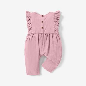 Solid Ruffle Decor Sleeveless Baby Loose fit Jumpsuit - Light Pink, 9-12 Months