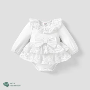 Baby Girl Naia Sweet Bowknot Solid Color Ruffle Edge Romper