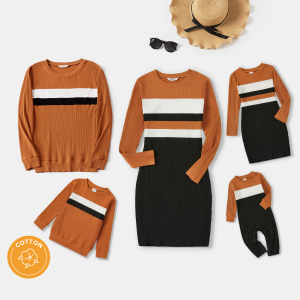 Family Matching Cotton Rib Knit Colorblock Long-sleeve Bodycon Dresses and Tops Sets - Black / Men: M