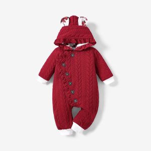 Baby Girl Button Front Frill Trim 3D Ears Hooded Long-sleeve Textured Jumpsuit