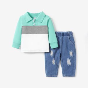2pcs Baby Boy Solid Color Block Design Denim Set - 3-6 Months, Turquoise