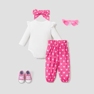 3PCS Baby Girl Sweet  Letter Pattern Flutter Sleeve Top/ Heart Print Bottom/ Headband - 12-18 Months, Hot Pink