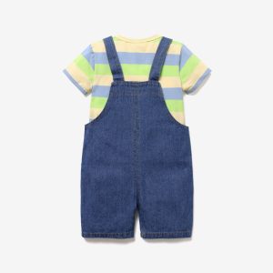 2pcs Baby Boy/Girl 95% Cotton Short-sleeve Striped Tee and Cartoon Giraffe Print Denim Overalls Shorts Set - Orange, 12-18 Months