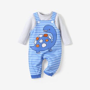 2pcs Baby Boy Dinosaur and Stripe Pattern Set - 3-6 Months, Light Blue