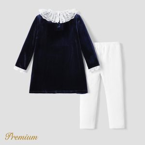 2pcs Kid Girl Elegant Solid Color Cotton  Set with Ruffle Edge - Kids: 3 Years, blue+white