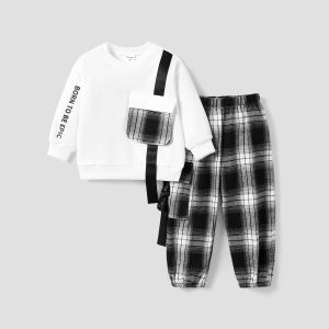 2pcs Toddler Boy Avant-garde Grid Pattern 3D Pockets Set - 2 Years, White
