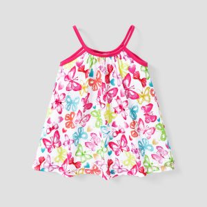 Sweet Butterfly Hanging Strap Sleeveless Baby Girl Dress, 1pcs, Polyester, Animal Pattern