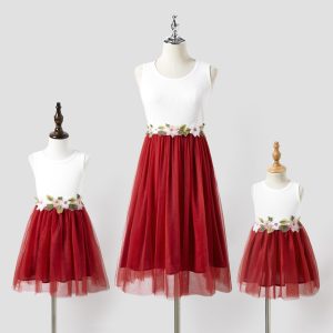 Mommy and Me Ribbed Tank Top Splicing Mesh Dresses - Red, 1-2 Years