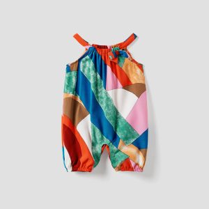 Mommy and Me Cotton Solid & Print Spliced One Shoulder Sleeveless Belted Romper Shorts