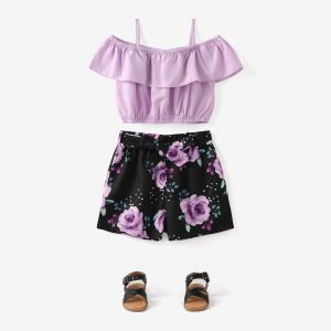 2pcs Kid Girl Flounce Camisole and Floral Print Belted Shorts Set - Yellow, 5-6 Years