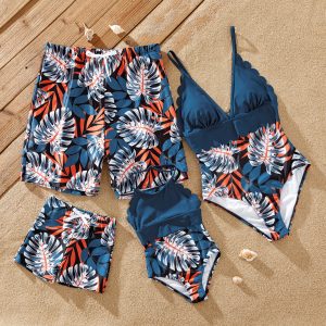 Family Matching Solid Splicing Palm Leaf Print Spaghetti Strap One-Piece Swimsuit and Swim Trunks Shorts - Blue, 1-2 Years