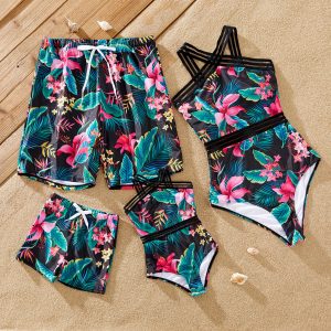 Family Matching Allover Plant Print Crisscross One-Piece Swimsuit and Swim Trunks - Black, L