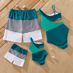 Family Matching Colorblock One Shoulder Cut Out One-piece Swimsuit and Striped Spliced Swim Trunks Shorts - Dark Turquoise, 1-2 Years