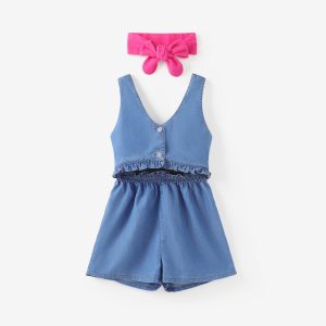 Toddler/Kid Girl Cooling Denim/Floral Print Ruffled Jumpsuit - Yellow, 3-4 Years