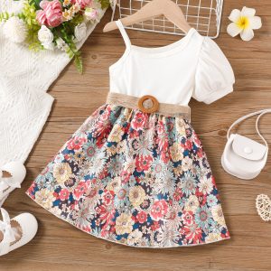 Girl's Sweet Slanted Shoulder Floral Dress
