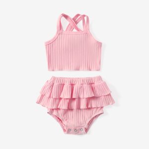 Baby Girl 2pcs Double Cross Sling Crop Camisole and Ruffled Shorts Set
