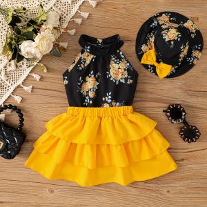 Big Flower Baby Girl 3pcs Sleeveless Suit Dress in Sweet Style, Polyester and Spandex, Regular Wash