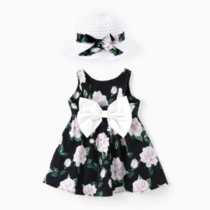 Baby Girl 2pcs Floral Print Big Bowknot Dress with Hat