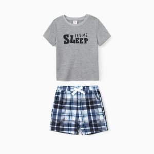 Family Matching Pajamas Sets Let Me Sleep Slogan Print Top Blue Plaid Drawstring Shorts  (Flame Resistant)