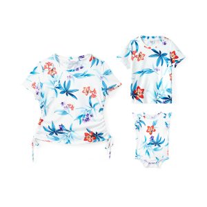 Mommy and Me Matching Flower Floral Drawstring Side Short Sleeves Tops - White, 3-6 Months