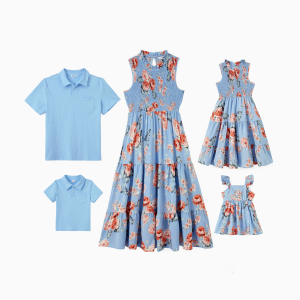 Family Matching Sets Pure Blue Polo Shirt or Flower Floral Shirred Top A-Line Sleeveless Dress - Blue, 9-12 Months