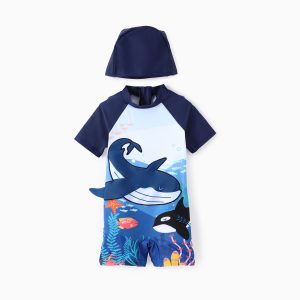 Toddler Boy Animal Print Swimsuits with Cap