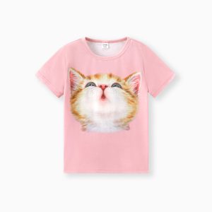 Kid Girl Cute Cat Print Short-sleeve Top