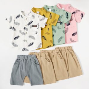 2pcs Baby Boy 95% Cotton Short-sleeve All Over Feather Print Button Up Shirt and Solid Shorts Set - Pink, 2-3 Years