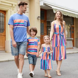 Family Matching Multi-Color Stripe T-shirt and Ruffle Hem Button Strap Dress Sets - Multi / Toddler Boy: 2 Years