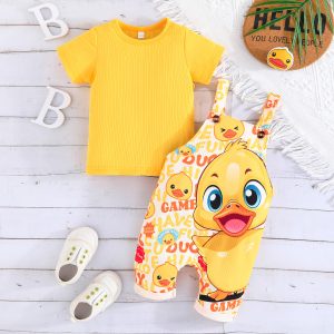 Newborn Boy Short-Sleeve Duck Print Overall Set - Yellow, 3-6 Months