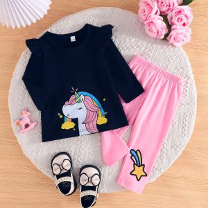 Unicorn Lotus Leaf Girl's Top & Pants Set - Black, 3-6 Months