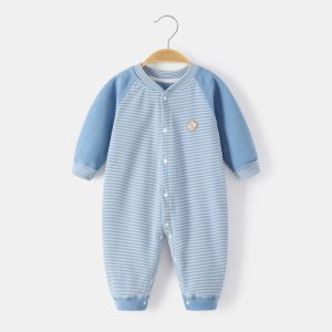 Baby clothes fleece jumpsuit thermal pajamas Childrens striped crawl suit - Brown, 1-2 Years