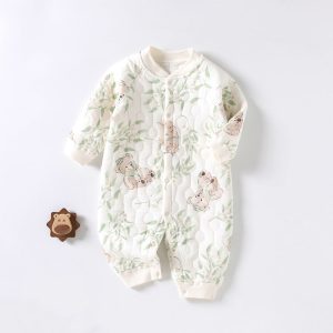 Baby clothes autumn and winter cute printed warm and soft cotton jumpsuit - Antique White, 1-2 Years