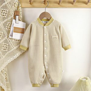 Baby autumn and winter velvet striped warm pajamas long sleeve crawling suit - Blue / 0-3 Months