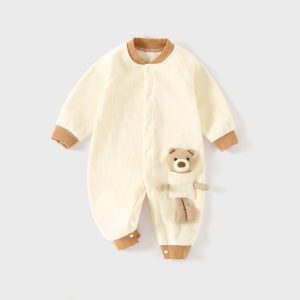 Baby onesie Spring and autumn clothing newborn crystal fleece bear super cute ha clothing crawling suit - Green, 1-2 Years