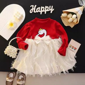 Girls Graphic Print Puff Sleeves Fit Flare Ruffle Party Dress